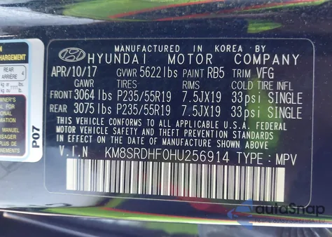 2017 Hyundai Santa Fe Limited Ultimate из США, поврежденный, VIN KM8SRDHF0HU256914